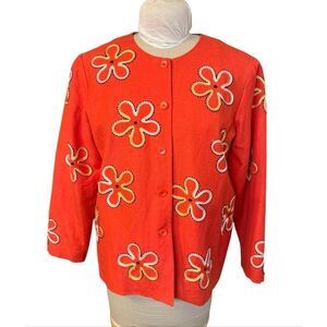 Coldwater Creek Linen Blend Jacket Medium Flower Embroidery All Over Button Fron